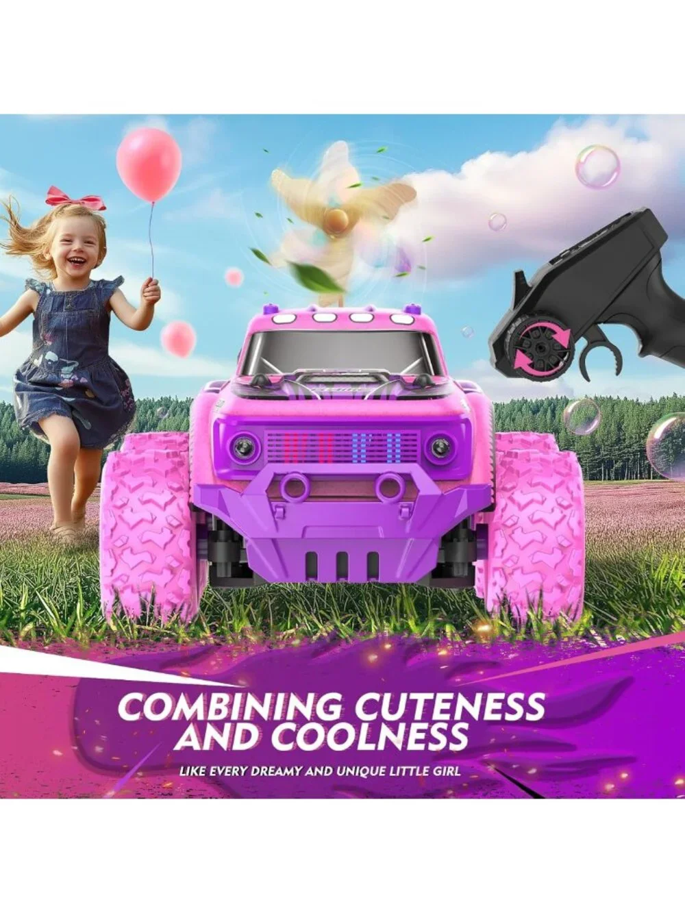 Pink Purple Remote Control Car for Girls - 1:20 Scale LED Truck, Fast All